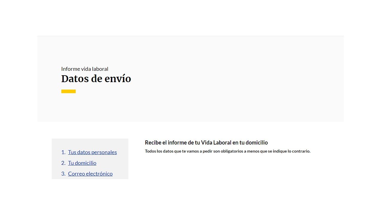 Datos de envío para solicitud de vida laboral por correo