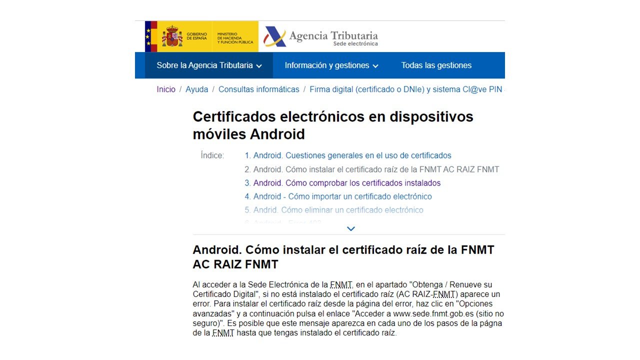 Portal oficial para descargar el certificado digital para móvil.