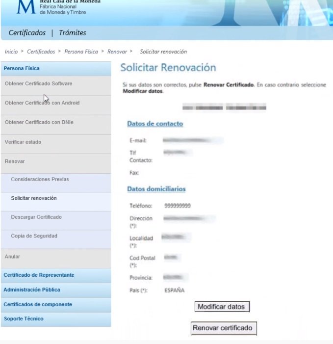 Rellenar los datos en Solicitar renovación para el certificado digital.